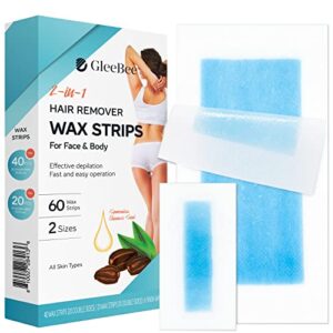 gleebee wax strips 60 counts, waxing strips for hair removal including 40 body trips and 20 facial strips, hair removal for face, arms, legs, underarms and bikini