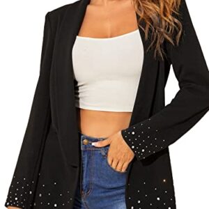 WDIRARA Women's Elegant Long Sleeve Blazer Open Front Rhinestone Suit Jackets Black M