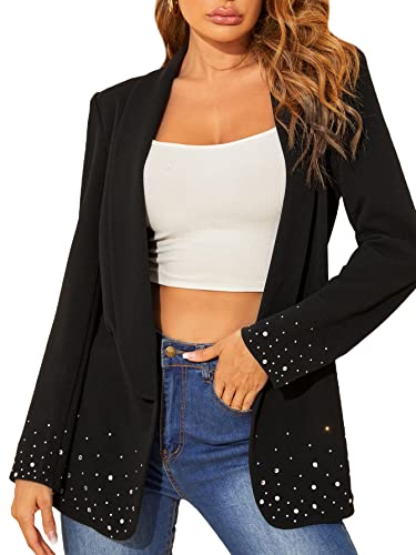 WDIRARA Women's Elegant Long Sleeve Blazer Open Front Rhinestone Suit Jackets Black M