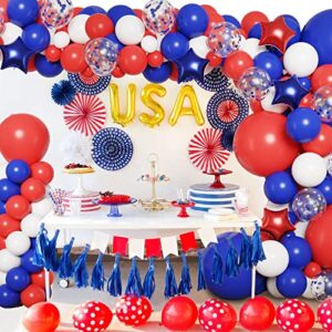 RUBFAC 160pcs Red White and Blue Balloons Garland Arch Kit 4th of July Decoration Graduation Birthday Wedding Nautical Baseball Theme with Star Foil Balloons