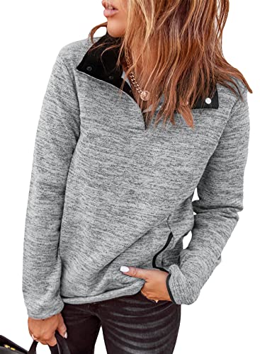 Diukia Sweatshirts Pullover Tops Womens 2022 Fall Cute Lightweight 1/4 Quarter Button V Neck Color Block Stand Collar Long Sleeve Pocket Pullover Sweatshirt for Ladies Teen Girls Juniors Gray L 12-14