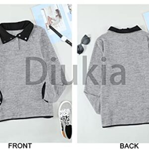 Diukia Sweatshirts Pullover Tops Womens 2022 Fall Cute Lightweight 1/4 Quarter Button V Neck Color Block Stand Collar Long Sleeve Pocket Pullover Sweatshirt for Ladies Teen Girls Juniors Gray L 12-14