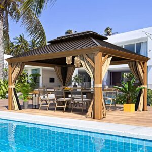 mellcom 12' x 14' hardtop gazebo, wooden finish coated aluminum frame gazebo with galvanized steel double roof, brown metal gazebo with curtains and nettings for patios, gardens, lawns