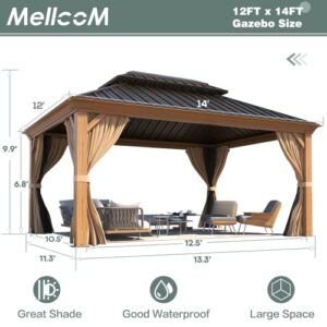 MELLCOM 12' X 14' Hardtop Gazebo, Wooden Finish Coated Aluminum Frame Gazebo with Galvanized Steel Double Roof, Brown Metal Gazebo with Curtains and Nettings for Patios, Gardens, Lawns