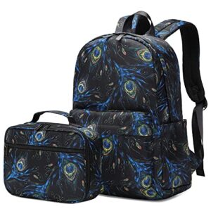 ecodudo feather print girls backpack set for teens backpacks school bookbags with lunch bag (feather black)
