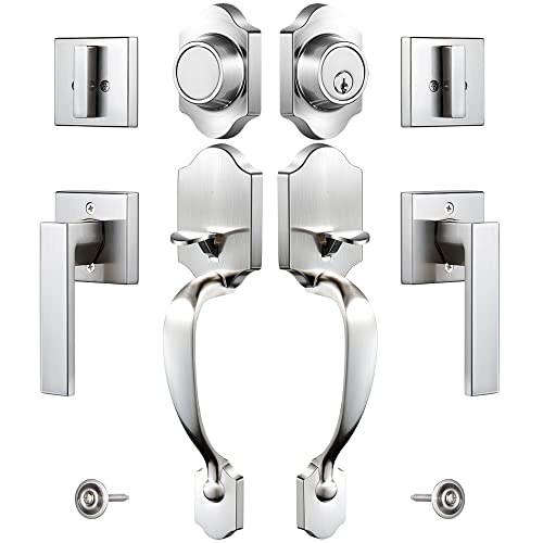 Voltstorm Front Door Lock Set - Double Door Handle Sets with Deadbolt, Door Lock with Handle Lever for Right and Left Hand, Double Cylinder Handleset Satin Nickel for Front Door Entrance Airbnb