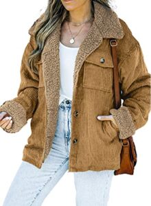 dokotoo stylish women's ladies thick sherpa lined warm corduroy jackets classic button down long sleeve comfy teddy bear oversized coat for fall winter with side pockets brown s