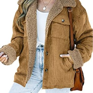 Dokotoo Stylish Women's Ladies Thick Sherpa Lined Warm Corduroy Jackets Classic Button Down Long Sleeve Comfy Teddy Bear Oversized Coat for Fall Winter with Side Pockets Brown XL