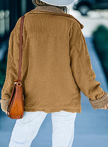 Dokotoo Stylish Women's Ladies Thick Sherpa Lined Warm Corduroy Jackets Classic Button Down Long Sleeve Comfy Teddy Bear Oversized Coat for Fall Winter with Side Pockets Brown XL