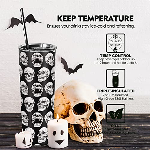 Ceovfoi Skull Skinny Tumblers,Vacuum Insulated Tumbler With Straw, 20 Oz Goth Skull Halloween CoffeeTravel Tumbler, Skull Decor Gift