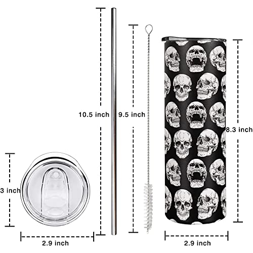 Ceovfoi Skull Skinny Tumblers,Vacuum Insulated Tumbler With Straw, 20 Oz Goth Skull Halloween CoffeeTravel Tumbler, Skull Decor Gift