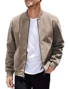 coofandy mens varsity bomber jacket casual lightweight jackets vintage suede coat, a-khaki, large
