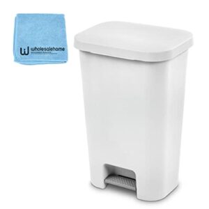 sterilite 11.9 gallon trash can with lid, step-on white kitchen garbage can for bathroom, bedroom, home, and outdoor, wholesalehome cleaning cloth included