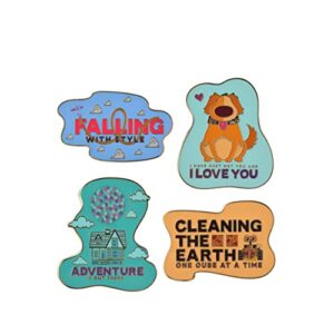 disney pixar enamel pin set, pack of 4 pieces, 1.75”, limited edition collectors pins, themed jewelry with art and quotes from up, toy story and wall-e, amazon exclusive