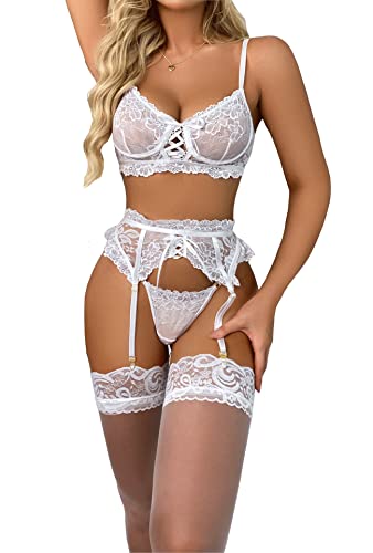 FAIRYMEI Lingerie for Women 3 Piece Lingerie Set with Garter Belt Bra and Panty Sets Sexy Lace Bodydoll Teddy Lingerie (White, Small)…