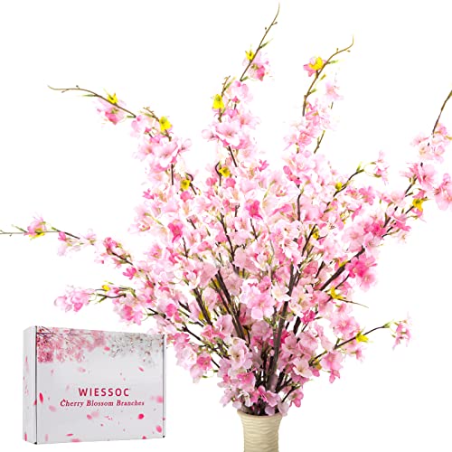 WIESSOC Silk Cherry Blossom Branches, Silk Faux Artificial Cherry Blossom, Cherry Blossom Decor Faux Floral for Home Wedding Table Centrepiece Set of 4, Gift Box with Light, Pink