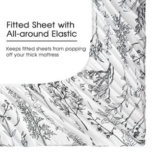 HYPREST Floral Sheets Queen Size,18 inches Deep Pocket Sheets, 1800 Thread Count Black and White Leaf Floral Bed Sheets Soft Breathable Cute Aesthetic Shabby Chic Bed Sheets, Oeko-Tex Certificated.