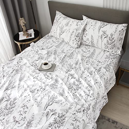 HYPREST Floral Sheets Queen Size,18 inches Deep Pocket Sheets, 1800 Thread Count Black and White Leaf Floral Bed Sheets Soft Breathable Cute Aesthetic Shabby Chic Bed Sheets, Oeko-Tex Certificated.