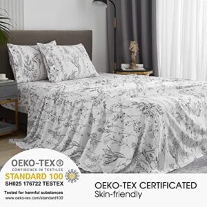 HYPREST Floral Sheets Queen Size,18 inches Deep Pocket Sheets, 1800 Thread Count Black and White Leaf Floral Bed Sheets Soft Breathable Cute Aesthetic Shabby Chic Bed Sheets, Oeko-Tex Certificated.