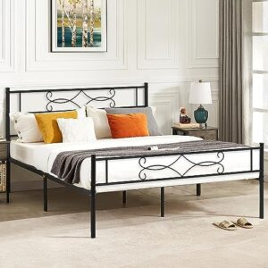 vecelo 14" queen size metal platform bed frame with headboard,premium steel slat support no box spring needed,noise-free anti-slip,easy assembly
