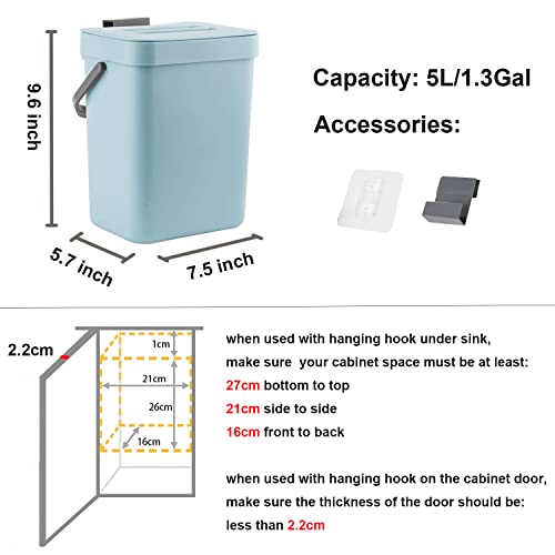 Small Trash Can with Lid, LALASTAR Compost Bin Indoor Kitchen Sealed Under Sink for Kitchen, Food Waste Bin for Countertop, Mountable Garbage Can for Bathroom, RV, 5L/1.3 Gal, Blue