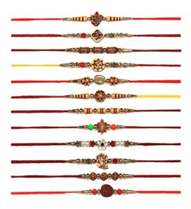 is4a set of 12 rakhi for brothers asscorted design rakhi with beads design rakhi, rakhi bracelet multi design beads and assorted color (set of 12 mix design)