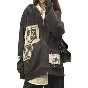 kmbangi women y2k zip up hoodie casual graphic sweatshirt hoodies aesthetic long sleeve jacket with pockets(d-grey,s)