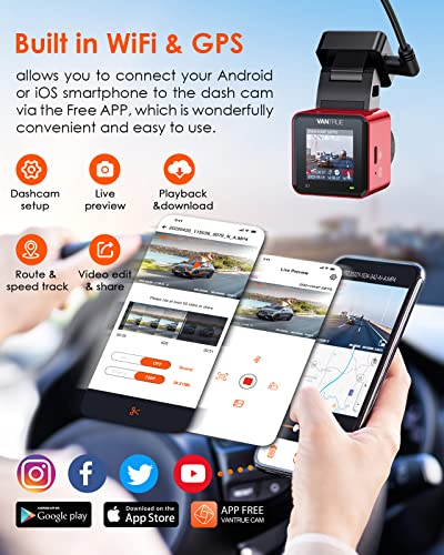 Vantrue E1 2.7K WiFi GPS Mini Dash Cam 1944P Voice Control 1.54" LCD Front Red Car Camera with Free APP, Night Vision, 24 Hours Buffered Motion Parking Mode, Wireless Controller, Support 512GB Max