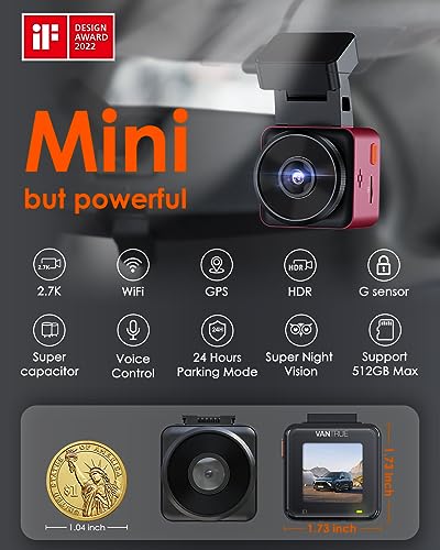 Vantrue E1 2.7K WiFi GPS Mini Dash Cam 1944P Voice Control 1.54" LCD Front Red Car Camera with Free APP, Night Vision, 24 Hours Buffered Motion Parking Mode, Wireless Controller, Support 512GB Max