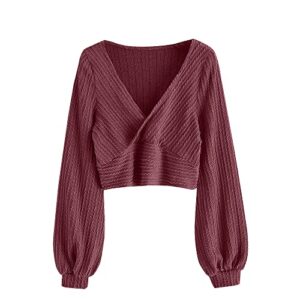 zaful women's pullover ribbed cropped knitwear drawstring ruched knitted crop top solid v-neck long sleeve t-shirt