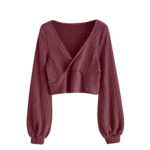 ZAFUL Women's Pullover Ribbed Cropped Knitwear Drawstring Ruched Knitted Crop Top Solid V-Neck Long Sleeve T-Shirt