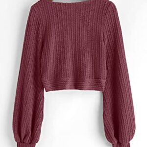 ZAFUL Women's Pullover Ribbed Cropped Knitwear Drawstring Ruched Knitted Crop Top Solid V-Neck Long Sleeve T-Shirt