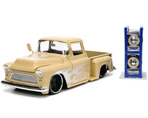 jada toys just trucks 1:24 1955 chevy stepside pickup die-cast car tan with tire rack, toys for kids and adults (26144)