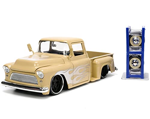 Jada Toys Just Trucks 1:24 1955 Chevy Stepside Pickup Die-cast Car Tan with Tire Rack, Toys for Kids and Adults (26144)