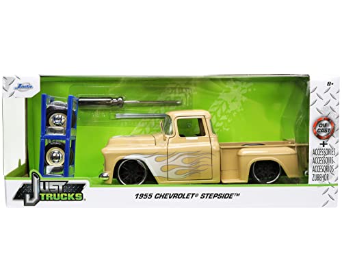 Jada Toys Just Trucks 1:24 1955 Chevy Stepside Pickup Die-cast Car Tan with Tire Rack, Toys for Kids and Adults (26144)