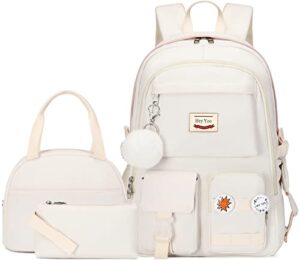 hey yoo school backpack for girls backpack with lunch box teen girl backpack set cute school bag bookbag for teen girls (white)