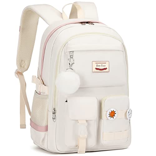 Hey Yoo School Backpack for Girls Backpack with Lunch Box Teen Girl Backpack Set Cute School Bag Bookbag for Teen Girls (White)