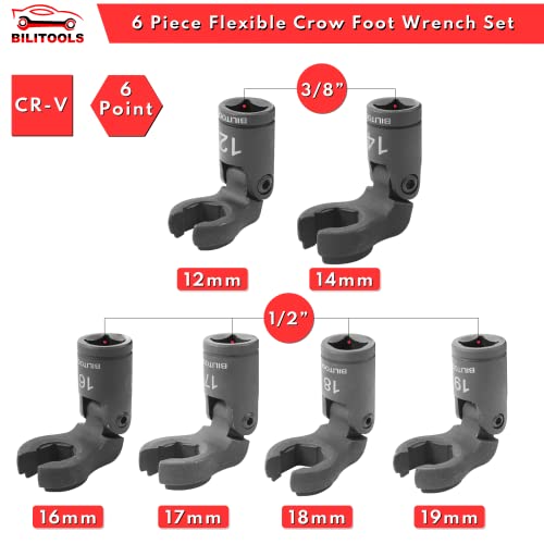 BILITOOLS Flex Head Crows Foot Line Wrench Set, 3/8" & 1/2" Drive Flex Flare Nut Wrench Injector Fuel Line Crowfoot Flare Nut Socket Wrench Metric 12-19 mm