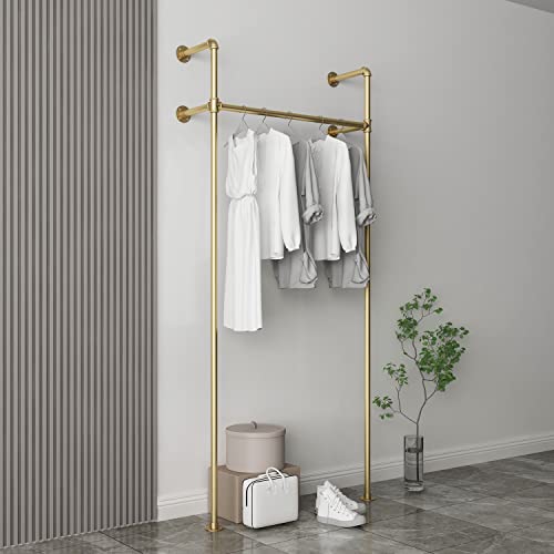 MBQQ Industrial Pipe Clothing Rack,Vintage Commercial Grade Pipe Clothes Racks,Display Rack On Wall for Hanging Clothes Retail Display,Heavy Duty Steampunk Iron Garment Racks,Gold