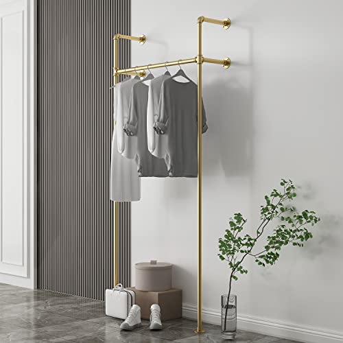 MBQQ Industrial Pipe Clothing Rack,Vintage Commercial Grade Pipe Clothes Racks,Display Rack On Wall for Hanging Clothes Retail Display,Heavy Duty Steampunk Iron Garment Racks,Gold