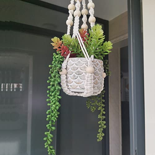 Mivofo Macrame Plant Hanger 35", No Tassel Hanging Plant Holder, Sturdy Flower Pot Holder with 2 Hooks - Ivory