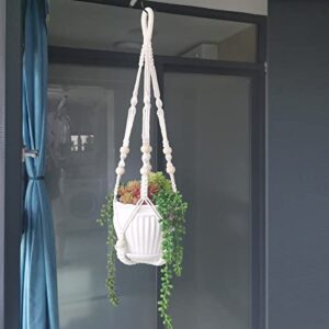 Mivofo Macrame Plant Hanger 35", No Tassel Hanging Plant Holder, Sturdy Flower Pot Holder with 2 Hooks - Ivory