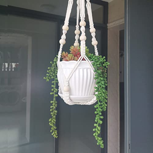 Mivofo Macrame Plant Hanger 35", No Tassel Hanging Plant Holder, Sturdy Flower Pot Holder with 2 Hooks - Ivory