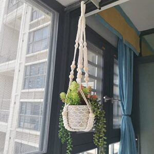 Mivofo Macrame Plant Hanger 35", No Tassel Hanging Plant Holder, Sturdy Flower Pot Holder with 2 Hooks - Ivory