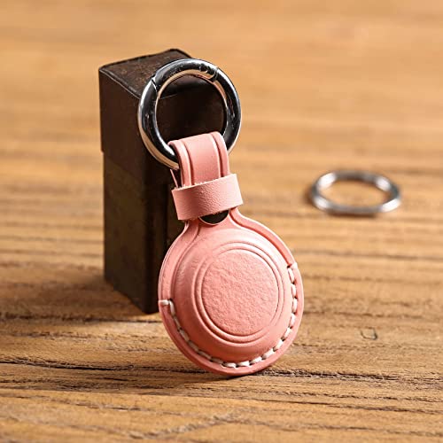 KEEPXYZ Genuine Leather Airtag Holder Suitable for Apple Airtag Keychain Leather, Small Air Tag Holder with Key Rings, Protective Airtag Case Cover Accessories - Pink V1.0