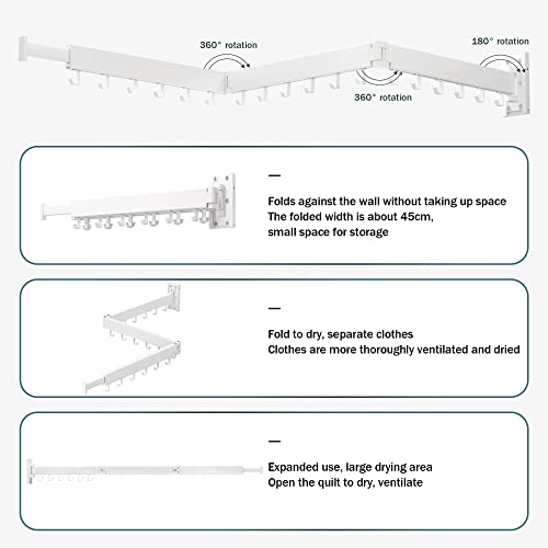 Clothes Drying Rack,Laundry Drying Rack,Laundry Room Organization,Clothes Rack Wall Mount,Wall Mounted Laundry Rack Folding,Retractable Clothing Rack,Collapsible Clothes Hanging Rack(Hooks,White)