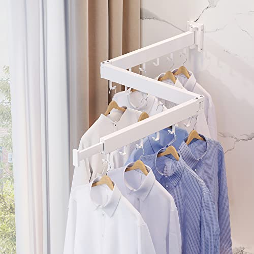 Clothes Drying Rack,Laundry Drying Rack,Laundry Room Organization,Clothes Rack Wall Mount,Wall Mounted Laundry Rack Folding,Retractable Clothing Rack,Collapsible Clothes Hanging Rack(Hooks,White)