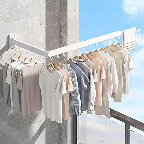 Clothes Drying Rack,Laundry Drying Rack,Laundry Room Organization,Clothes Rack Wall Mount,Wall Mounted Laundry Rack Folding,Retractable Clothing Rack,Collapsible Clothes Hanging Rack(Hooks,White)