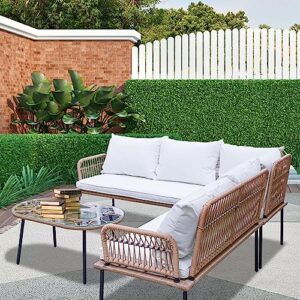 Homsido 4 Pieces Patio Sectional Furniture Set Boho Rope Porch Water-Resistant Outdoor Indoor Wicker Corner Sectional Sofa Beige Woven PE Rattan Conversation Chat Set with Rect Coffee Table