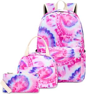 ledaou backpack for girls school bag kids bookbag teen backpack set daypack with lunch bag and pencil case (tie dye pink purple)